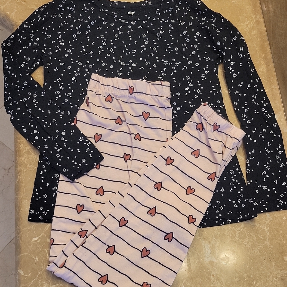 Dip Pajama Set Black and White Starry Night Top,XS & Heart Drawstring Bottoms,L